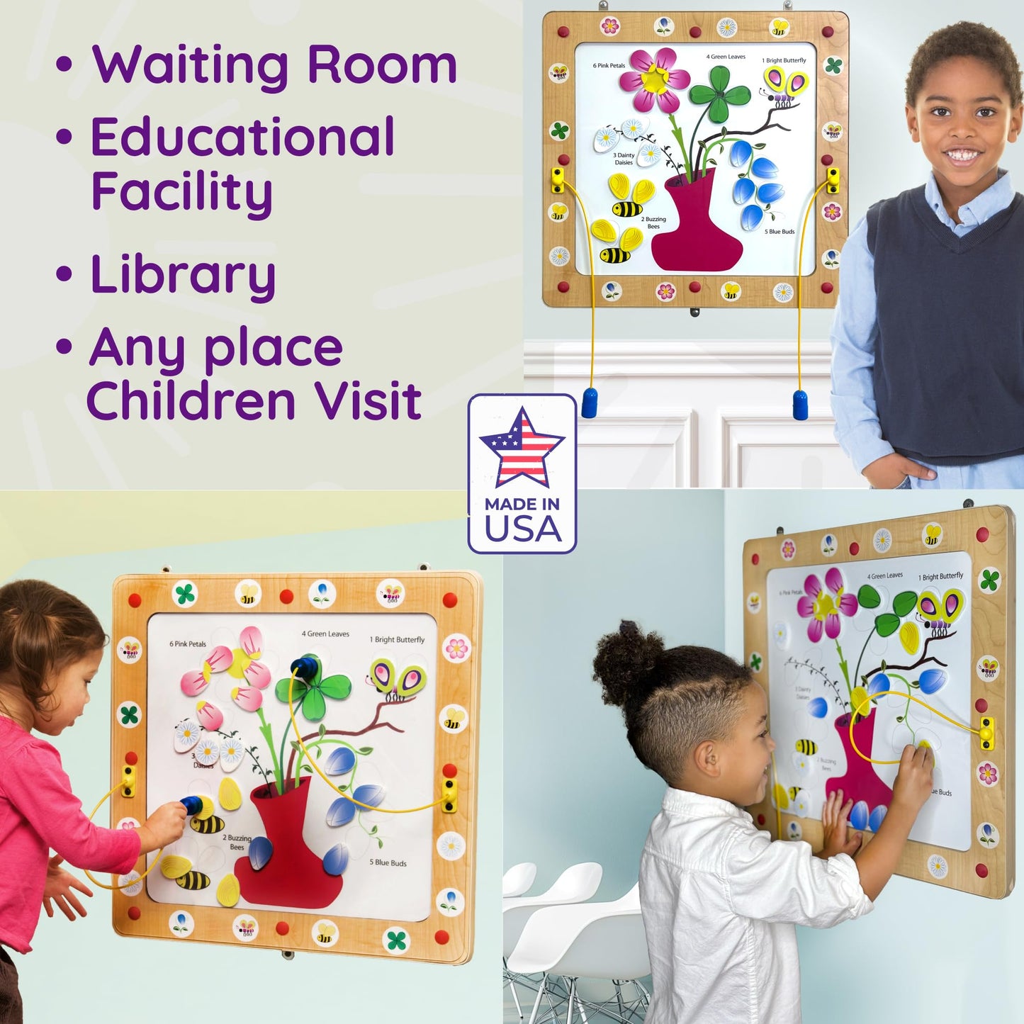 Playscapes Magnetic Toddler Activity Wall Panel Toy – Interactive Wall Busy Board – Melamine Frame & Acrylic Panel with 2 Wands – Easy Installation, No Loose Pieces, Easy-to-Clean – Flower/Bees Design