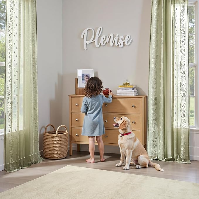 jinchan Winslow Sage Sheer Curtains 84 Inch for Bedroom Living Room Embroidered Bordered Floral Nursery Curtains for Playroom Dorm Light Filtering, Ivory on Sage, 2 Panels, 50W x 84L