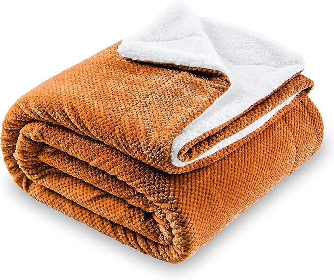 SOCHOW Waffle Sherpa Fleece Throw Blanket, Super Soft Fuzzy Warm, Lightweight Fluffy Reversible Plush Blanket for Bed Sofa Couch, 50 x 60 Inches Burnt Orange