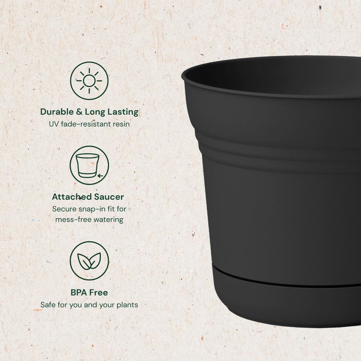 Bloem Saturn 7" Round Plastic Planter - Indoor/Outdoor, Snap-in Saucer & Drainage Holes, Black, 4-Pack