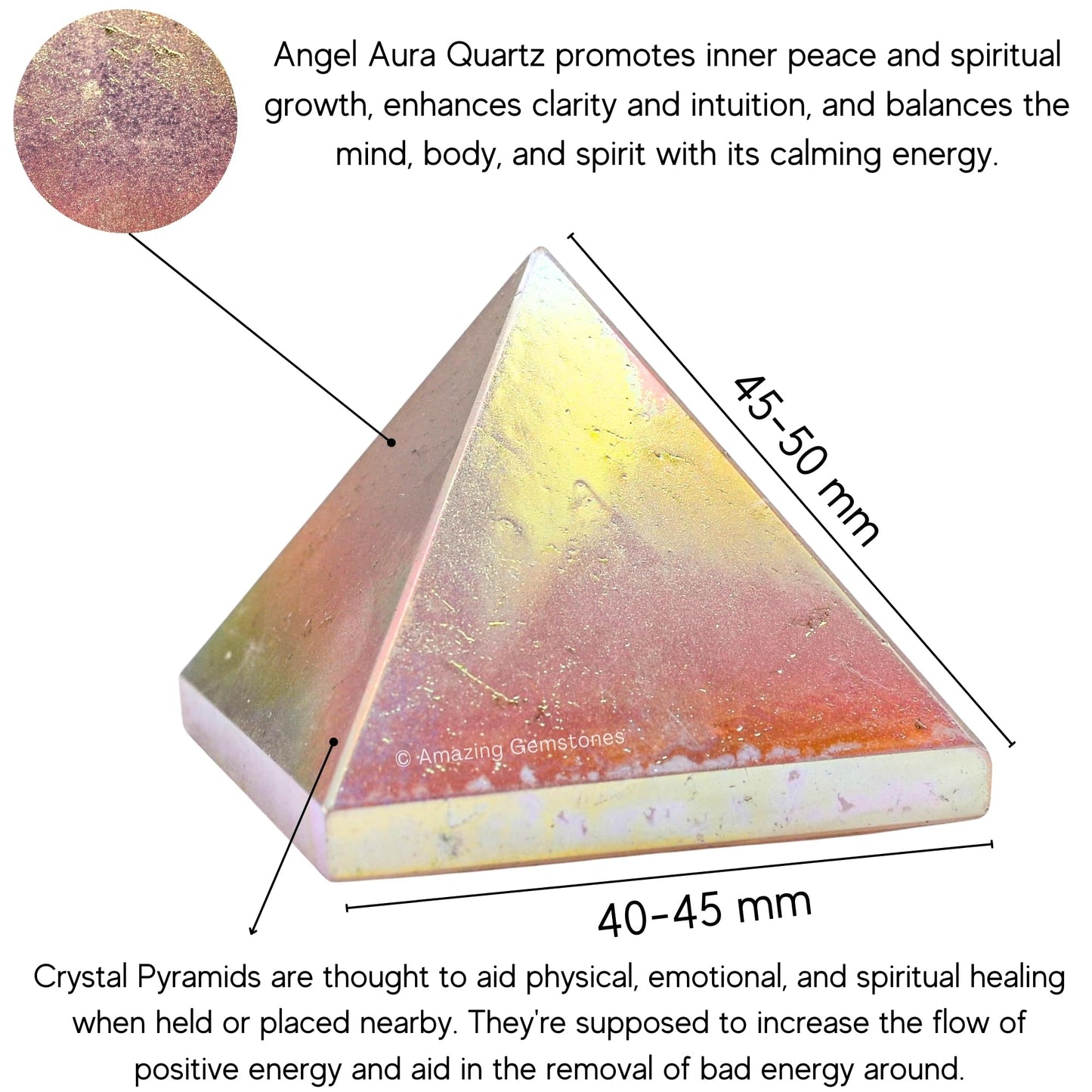 Amazing Gemstone Angel Aura Quartz Pyramid Crystal Healing Stones - 2" Great Pyramid Figurine of Natural Stone Pyramid for Meditation, Reiki, Chakra Balancing and Crystal Pyramids Grid