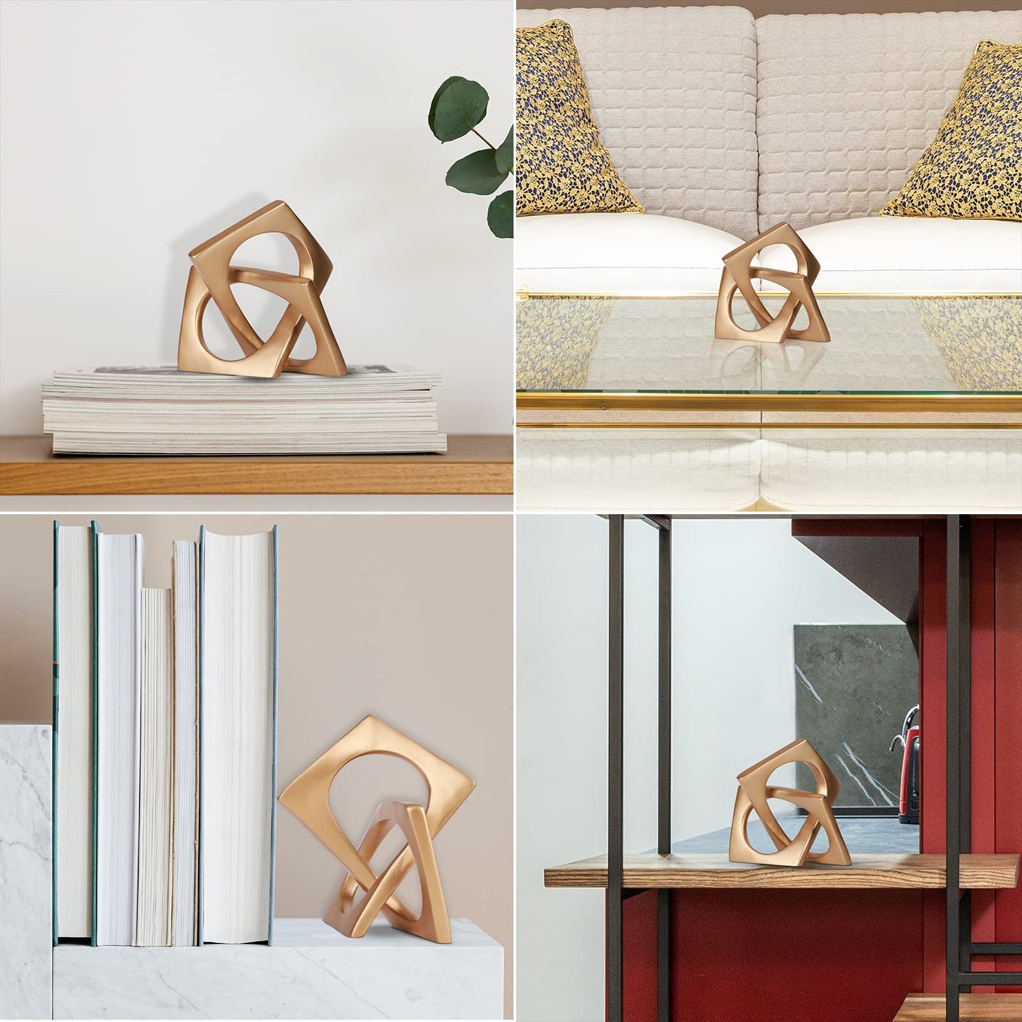 Modern Geometric Cube Decorations - Gold Knot Statues for Home, Bookcase, Tabletop, Console, Entryway & Dining Table Centerpieces