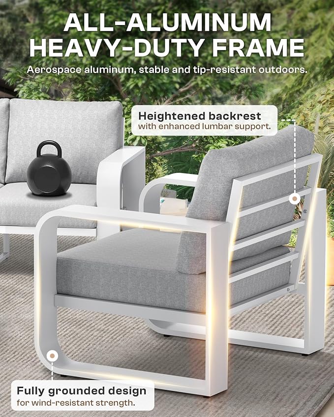 Aluminum Outdoor Patio Furniture Set 4 Piece, Oversized Patio Conversation Sets Widened Armrest & Ultra-Thick Cushions, Deep Seating Modern Sectional Furniture for Backyard, Porch, White