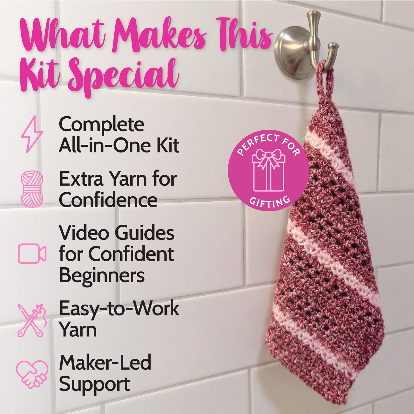 KnitPal Everyday Joy Crochet Kit for Confident Beginners – Make 4 Reusable 7.5 x 7.5 in Dishcloths – with Cotton to The Core Yarn (#3 DK), Hook, Patterns & Video Tutorials (Cherry Red + Blush Pink)