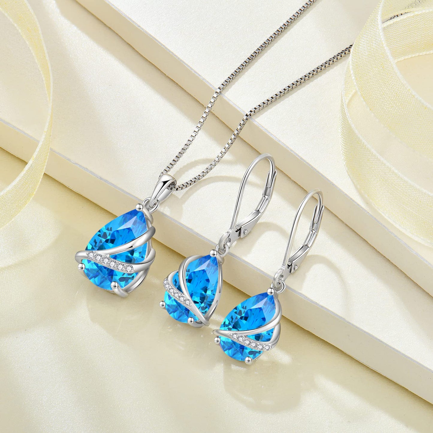 Rocayi Teardrop Aquamarine Earrings 925 Sterling Silver Dangle Drop Earrings March Birthstone Jewelry for Women