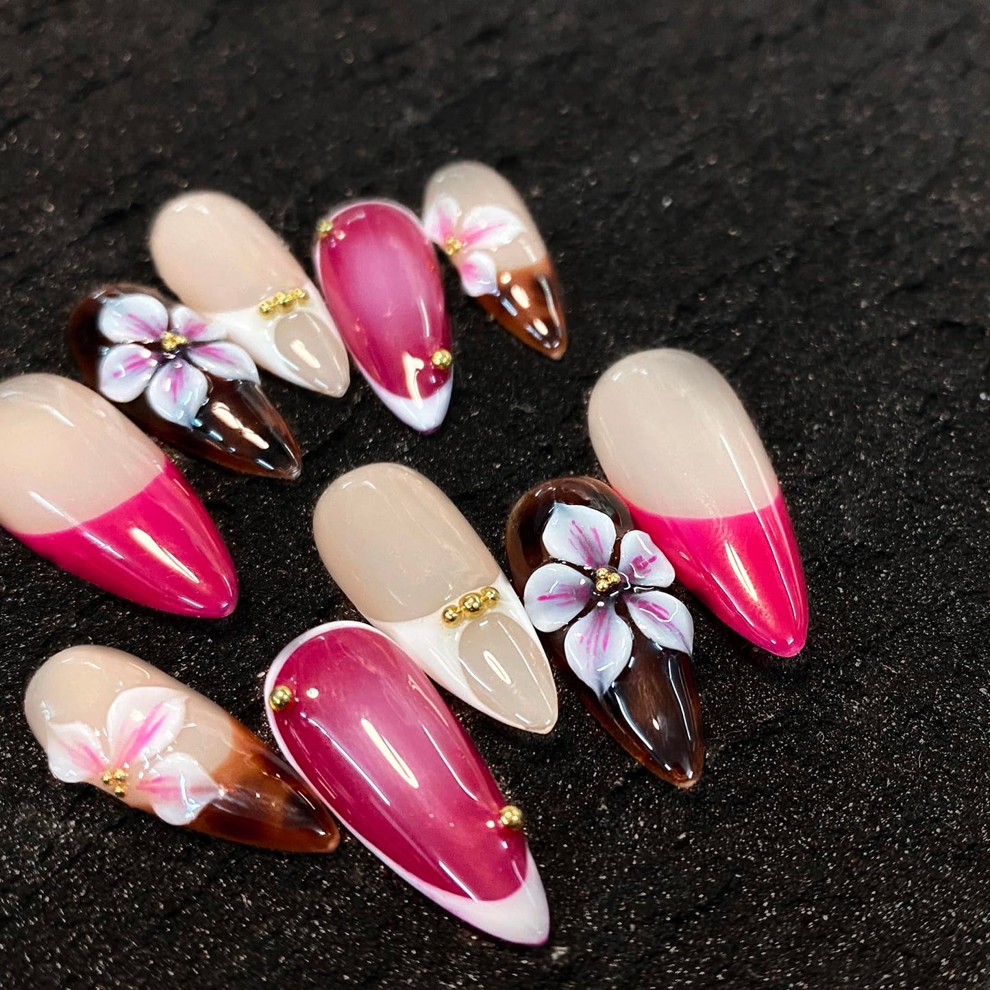 DreamRunNails Handmade Press on Nails, Medium Oval Shape with 3D Rhinestone and Hand Painted Floral Design, Reusable Acrylic Fake Nails, Pink Brown Nude