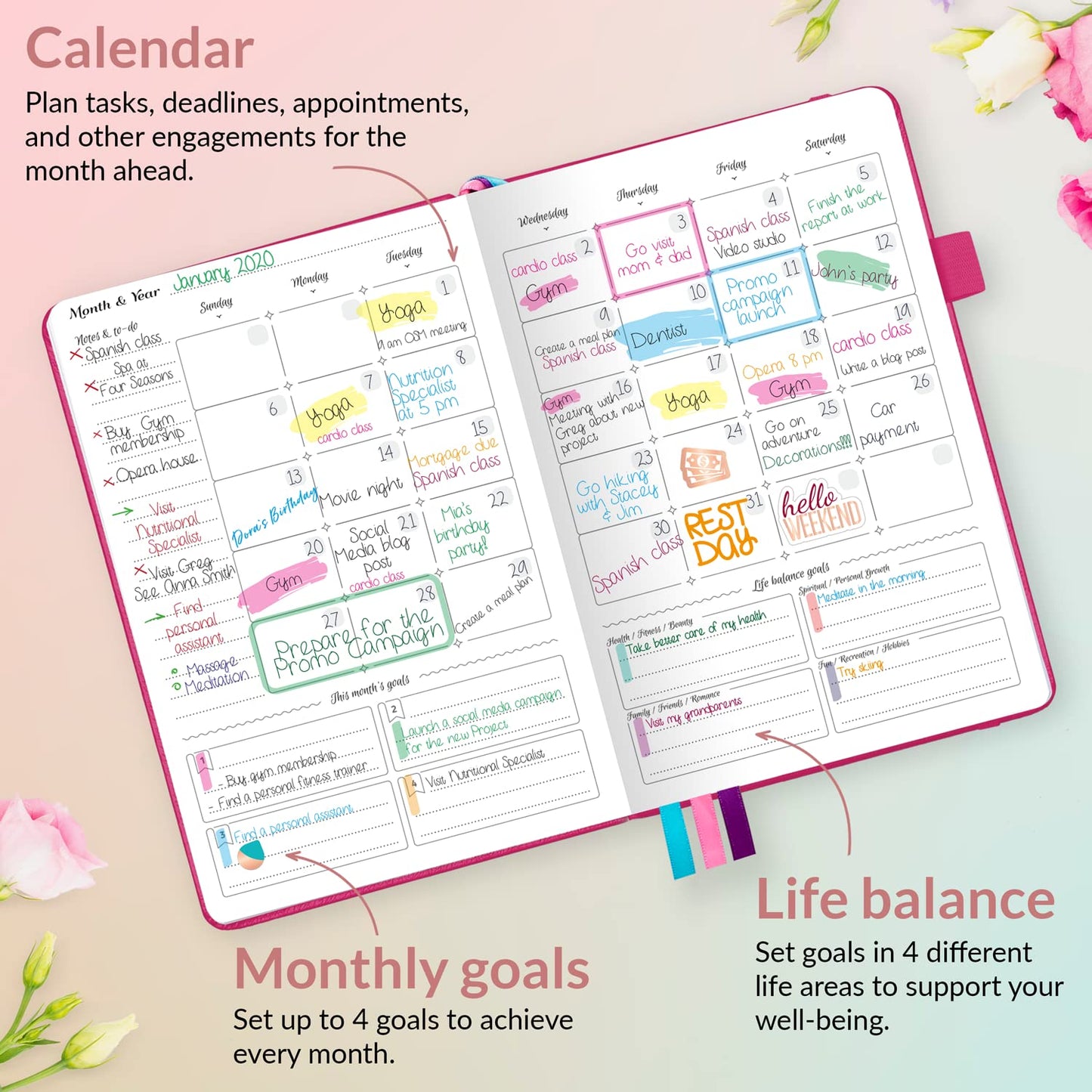 GoGirl Planner and Organizer for Women – Compact Size Weekly Planner, Goals Journal & Agenda to Improve Time Management, Productivity & Live Happier. Undated – Start Anytime, Lasts 1 Year – Hot Pink