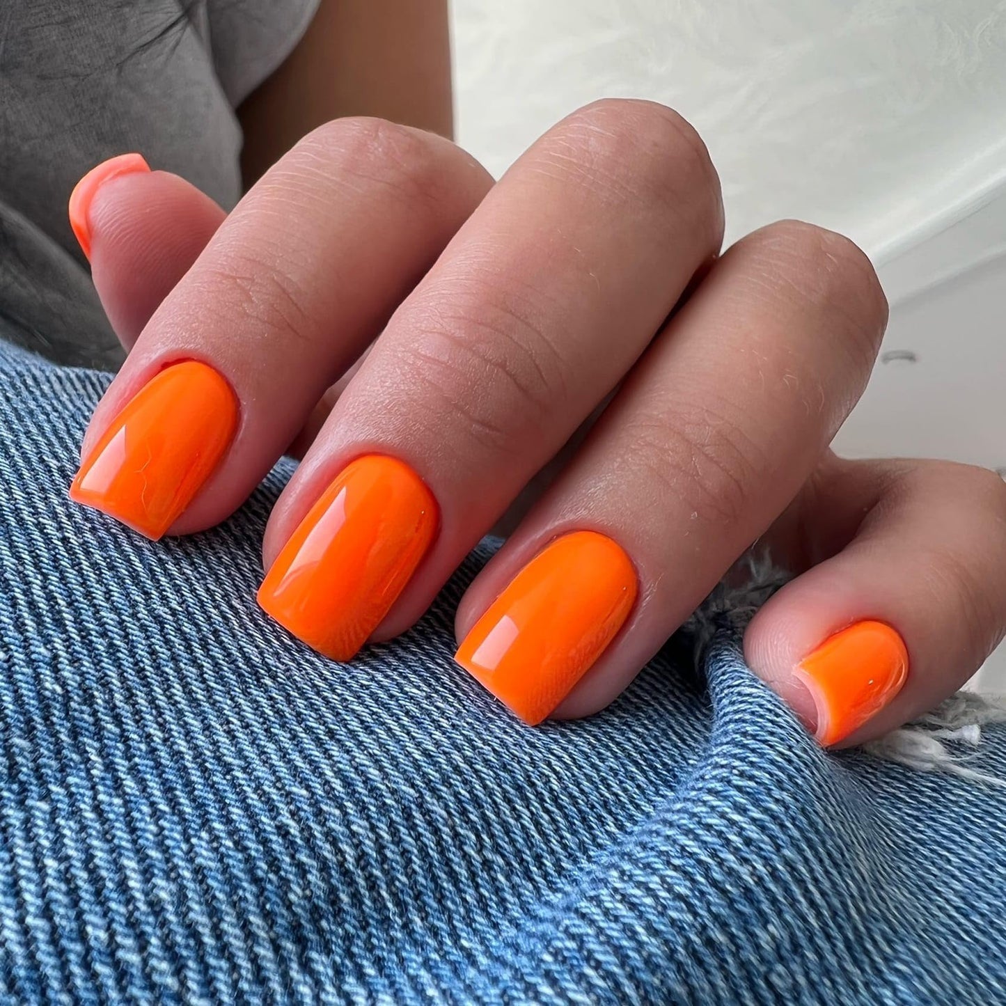KQueenest Orange Press-on Nails, Short Medium Square, Coffin Acrylic Set of 24 Pcs