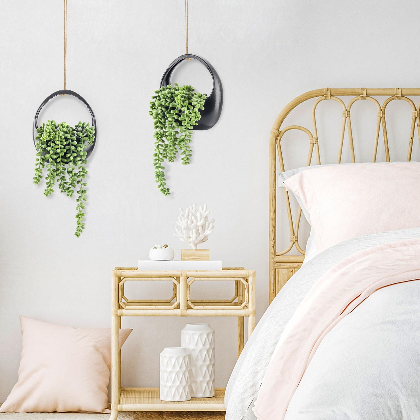Der Rose 2 Pack Small Fake Hanging Plants with Strings Artificial Succulent Plants Indoor for Black Bathroom Boho Wall Decor