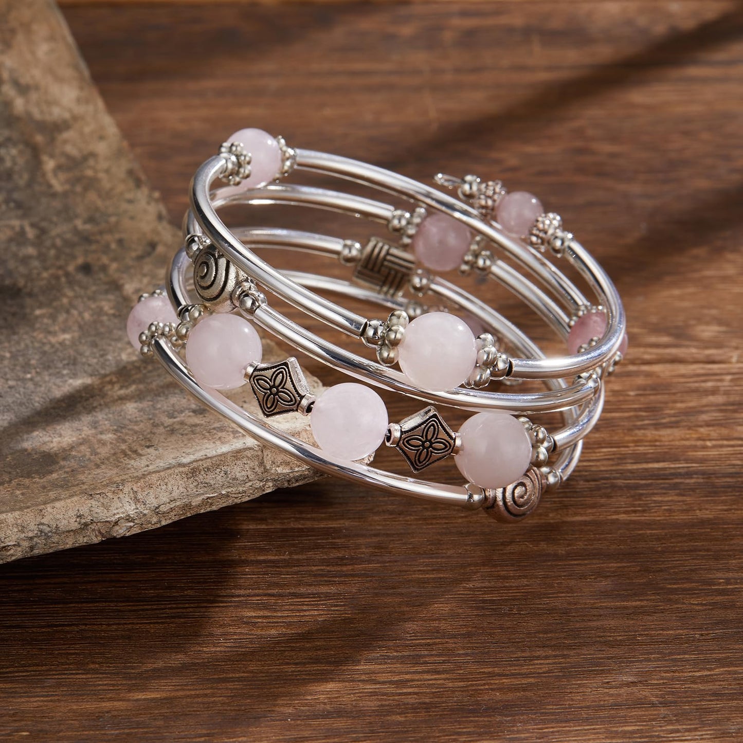 Beaded Pearl Bangle Wrap Bracelet - Fashion Bohemian Jewelry Multilayer Charm Bracelet with Thick Silver Metal Beads, Gift For Women(Pink crystal)