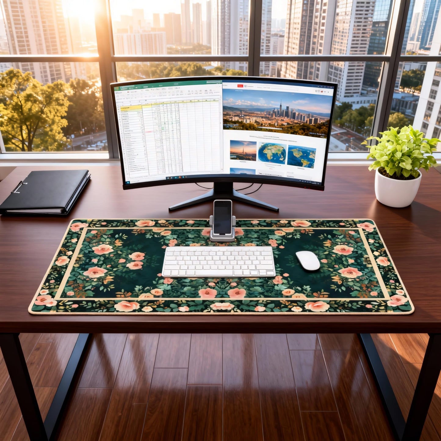 Floral Aesthetic Rose Gaming Mouse Pad, Forest Green Rug Desk Mat with Anti-Slip Base & Stitched Edges,35.4" x 15.7" in Table Mat for Computer Desktop, Beautiful Workstation Decor