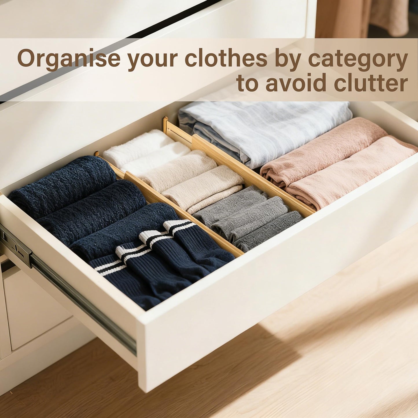 Bamboo Drawer Divider Set of 4, Adjustable Spring-Loaded Drawer Organizer (16.9"-22.2"), 2.3" Height, Suitable for Kitchen, Desk, Bathroom, Clothing, and Miscellaneous Drawer Organization, Natural