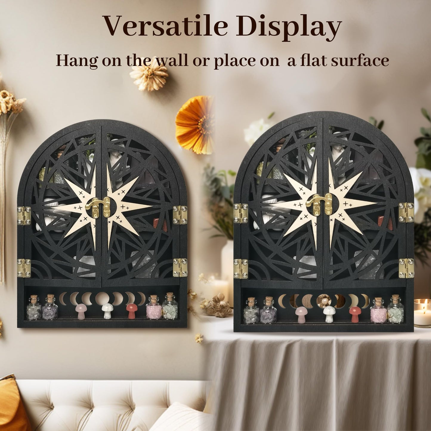 FNYDOX Crystal Display Shelf for Wall, Crescent Moon Phase Wall Shelf Decor, Wooden Storage Organizer for Stones Collection Essential Oil Display, Arch Crystal Holder Shelf for Meditation Room