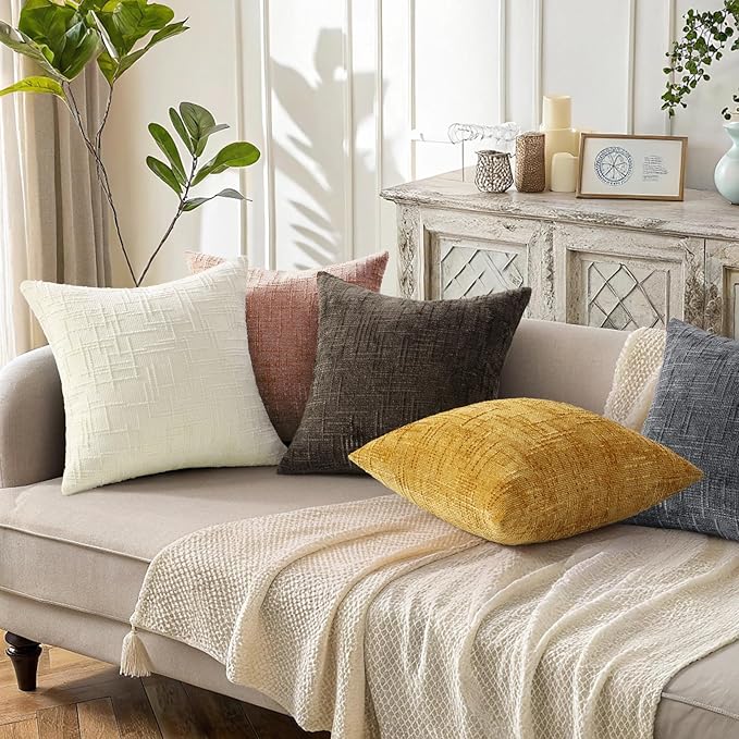 decorUhome Pink Chenille Throw Pillow Covers 24x24 Set of 2 Thick Textured Slubby Couch Pillow Covers Farmhouse Accent Modern Neutral Decorative Pillow Cases for Bed Sofa Living Room