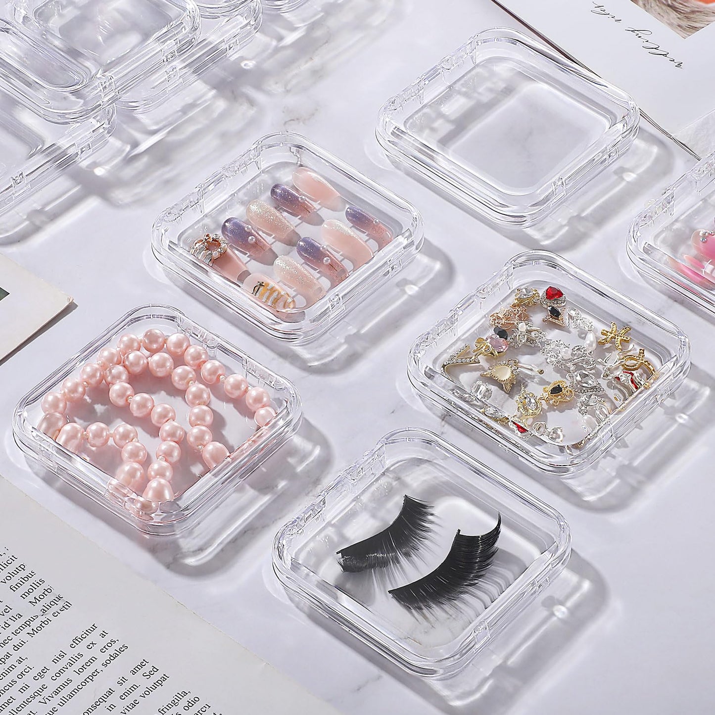 Noverlife 27 Set Press-On Nail Packaging Display Box w/ Adhesive Tape, 3x3" Clear Fake Nail Storage Container