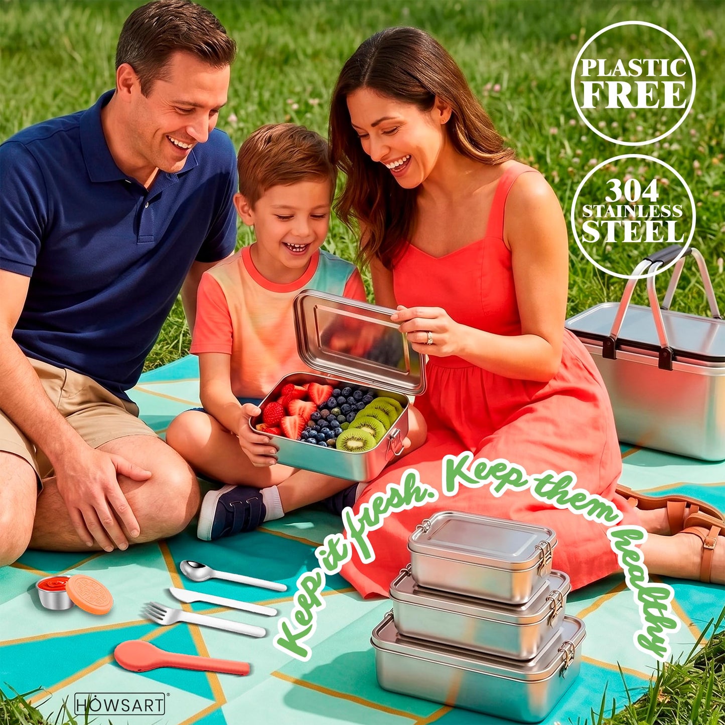 5 in 1 | Stainless Steel Bento Box & Silicone Case Cutlery Set & Salad Dressing Container – 3PCS Nesting Metal Lunch Box 19oz - 41oz - 81oz for Travel, Office – Food Storage Lunchbox for Adults