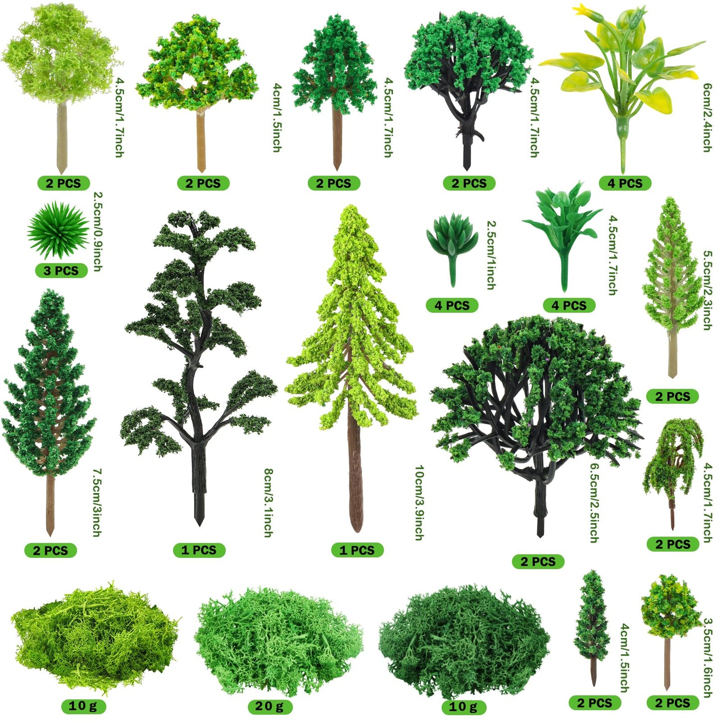 QUOZUO 36 Pcs Green Mixed Model Trees with 40g Moss, Diorama Trees Grass Mini Fake Miniature Trees Moss for Building Model, Model Train Scenery, Natural Green Landscape, Railroad Scenery
