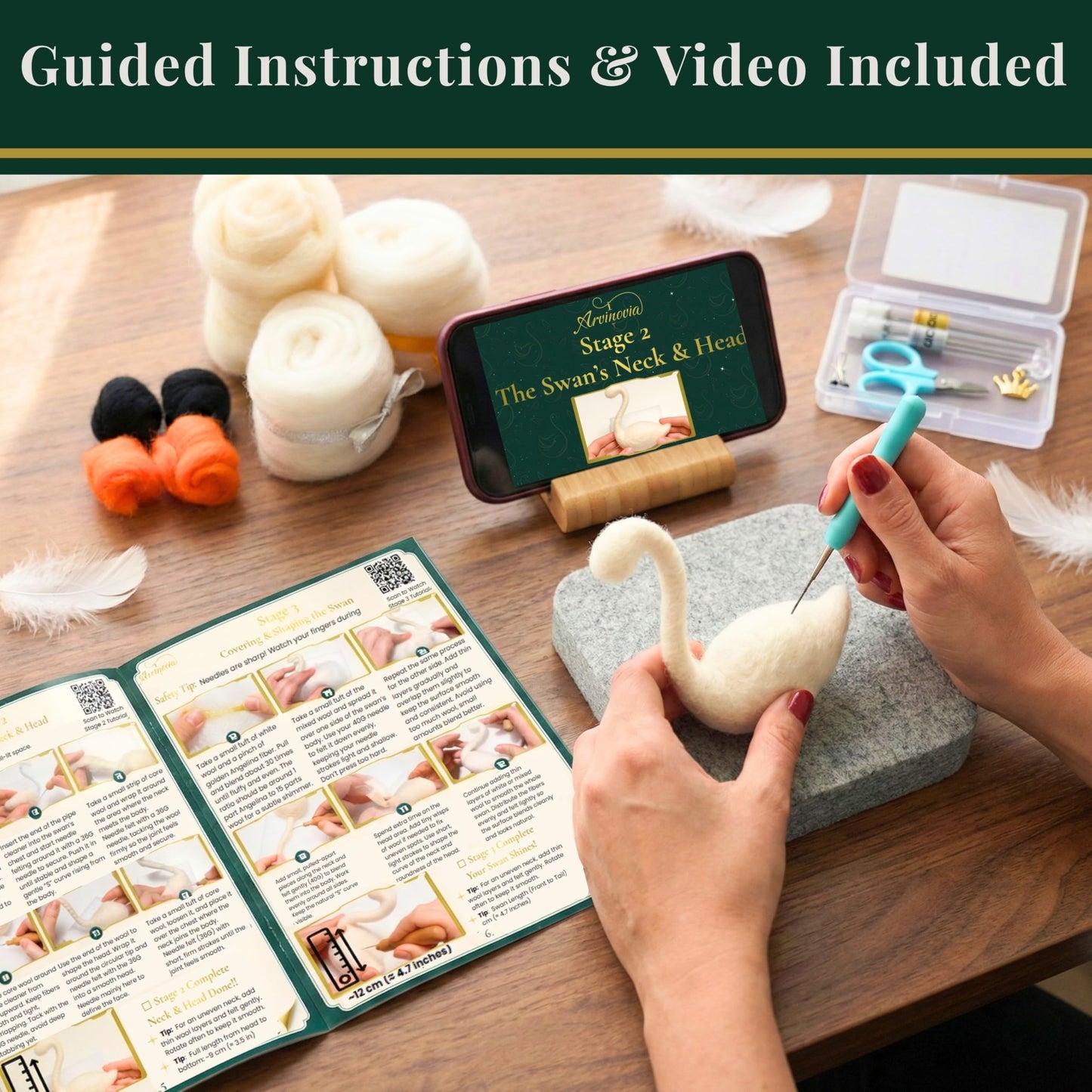 Arvinovia Needle Felting Kit – Make 2 Swan Figures, Complete Wool Felting Starter Kit with Tools & Step-by-Step Video Instructions, Guided DIY Craft Kit for Adults & Teens, Creative Gift Idea