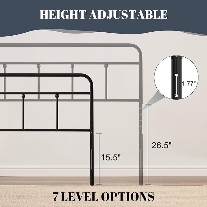 Metal Headboard Queen Size, Sturdy and Durable Iron Queen Headboard Only Adjustable Height from 34” to 44”, Victorian Vintage Bed Headboards, Farmhouse Head Board, Bed Frame Mount Black