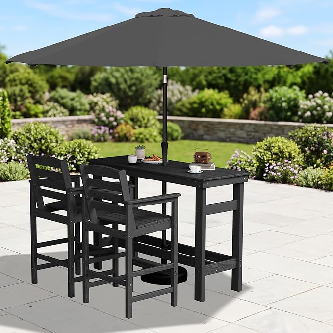 SERWALL Outdoor Bar Set with 9ft Umbrella, All-Weather HDPE Patio Bar Chairs and Table, Outdoor Furniture Set for Poolside, Backyard, Garden - Black