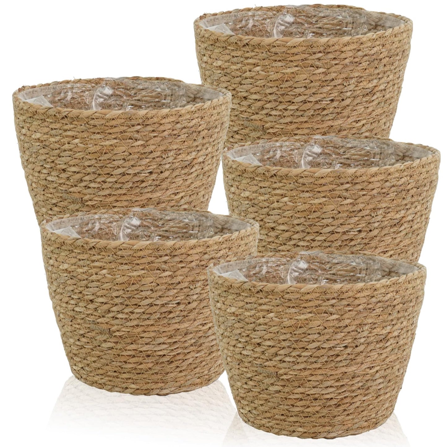 PEDOBALI 5 Pcs Large Premium Seagrass Planter Basket 10.2x7.5x7 Stylish Planter Baskets Woven Wicker Baskets with Plastic Lining for Indoor Outdoor Flower Plants Pots Cover Room Decor