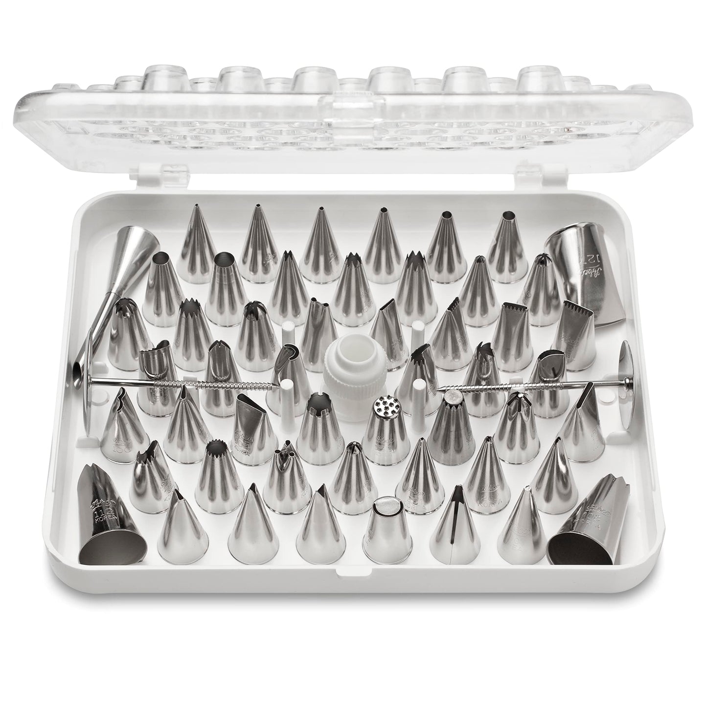 Ateco 783-55 Piece Cake Decorating Set, Includes 52 Stainless Steel Tubes, 1 Standard Coupler, 2 Flower Nails in Hinged Storage Box