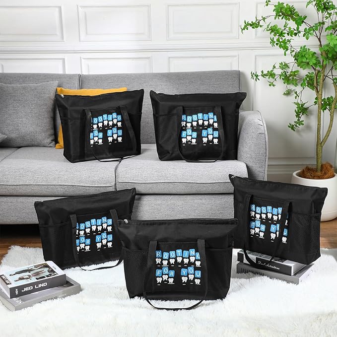 Roowest 5 Pcs Dental Hygiene Appreciation Christmas Gifts Tote Bags with Mesh Pockets Tote Bags Zipper for Dentist Assistant Accessories(Black)