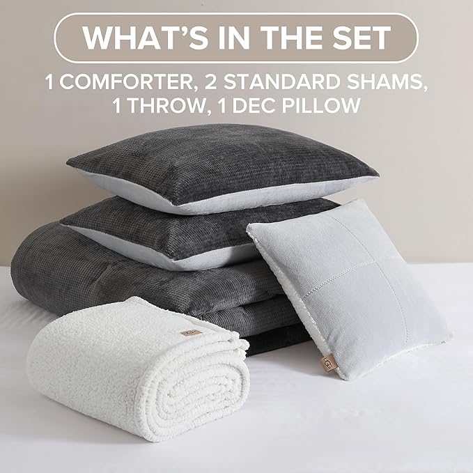 UGG Remina Comforter Set 5 Piece Bed in a Bag with Throw Blanket, Decorative Pillow, Shams, and Reversible Comforter Hypoallergenic Washable Luxury Warm Fluffy Bedding Set, Full/Queen, Charcoal Grey