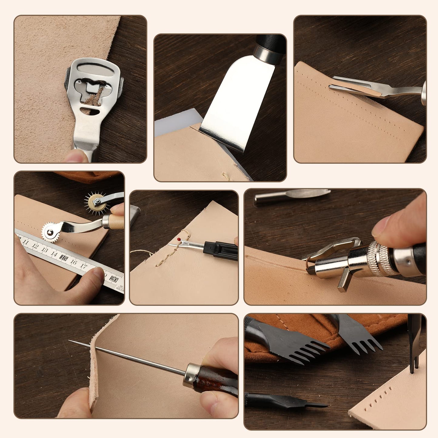 BUTUZE Leather Tooling Kit, Practical Leather Working Tools with Beveler, Groover, Stitching Punch Sewing Thread and Needles - Comes with Roll Bag and Manual