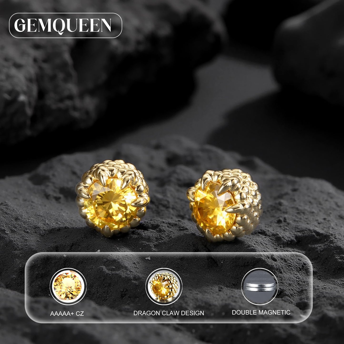 GEMQUEEN Magnetic Earrings for Men Women - 5A Shiny CZ Dragon Claw Punk Hypoallergenic Stainless Steel Non Piercing Clip on Fake Earrings Studs 6.5MM Not Easy to Fall