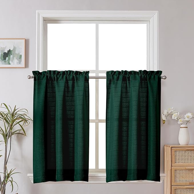 Chyhomenyc Christmas Hunter Green Kitchen Curtains 36 Inch Length, Faux Linen Textured Small Cafe Curtain Tiers, Light Filtering Short Window Curtains for Bathroom Basement, 30x36 inch, 2PCS