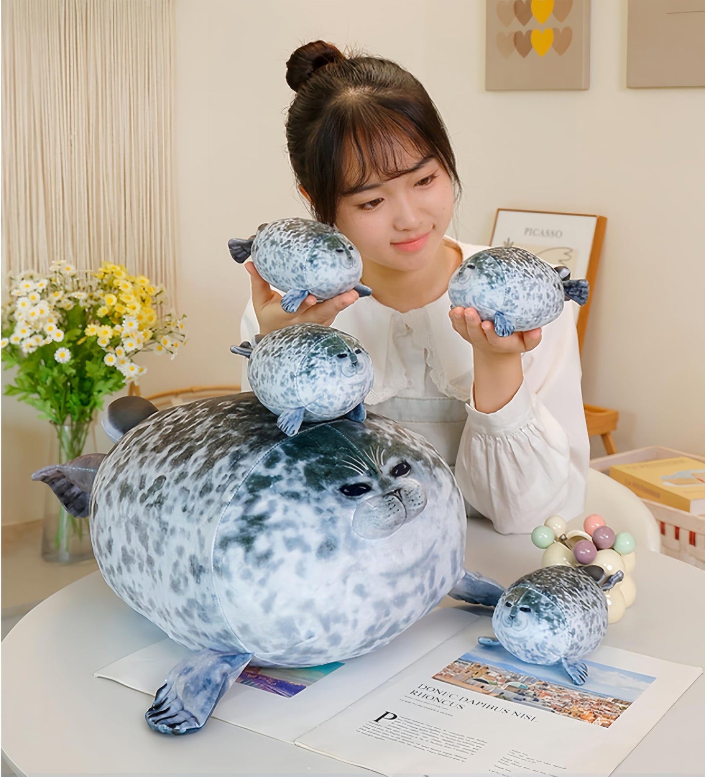 19.6Inch Chubby Blob Seal Pillow CuteSeal Plush with 4 Baby Seal Plushies in Her Tummy Soft Stuffed Cotton Plush Animal Toy Gift for Kids