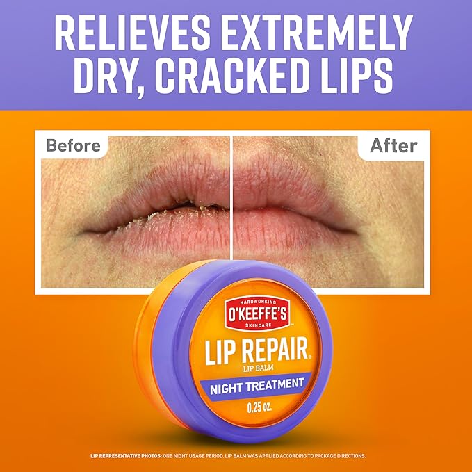 O'Keeffe's Lip Repair Night Treatment Lip Balm for Dry, Cracked Lips - 0.25 Ounce Jar (2 Pack) - Moisturizer for Extremely Cracked, Dry Lips