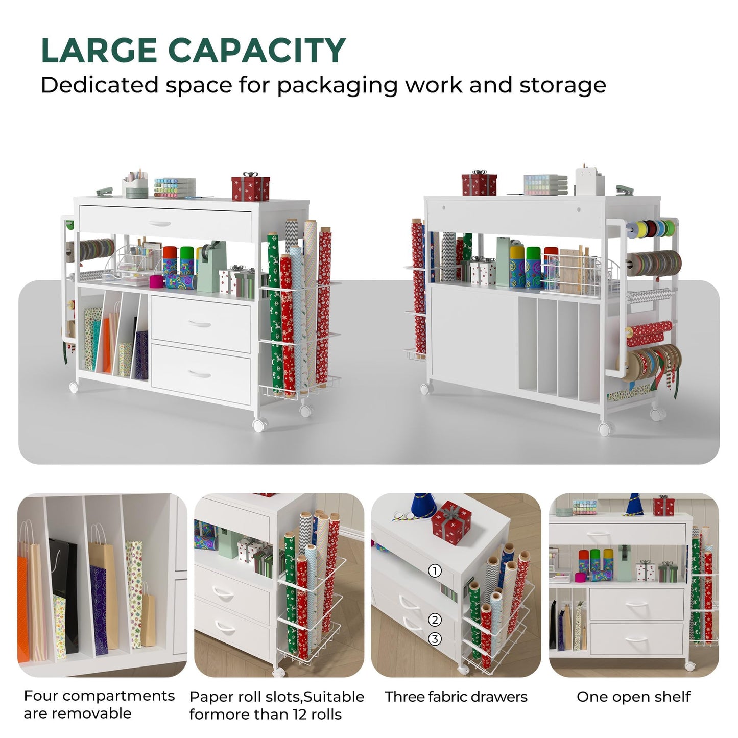 Anrigeail Wrapping Paper Storage & Organizer, Craft Cart with Ribbon & Gift Bag Storage, Wrapping Paper Organizer Holder(3 Wooden Drawers-White)
