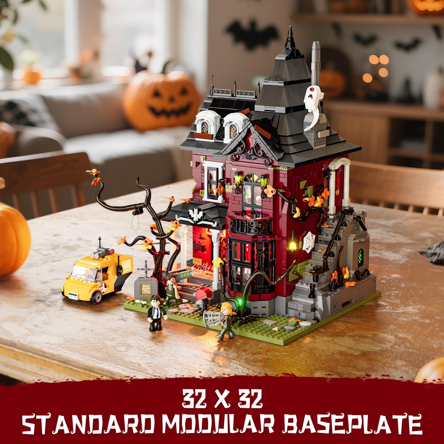 Lumibricks Halloween Midnight Haunted Mansion Lighting Building Bricks Set - Ghost Specter Phantom House City Town Modular Collection Kit 2617 Pcs for Adults & Teens