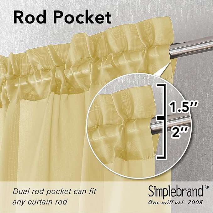 Simplebrand Yellow Sheer Curtains 96 Inches Long, Light Filtering Rod Pocket Solid Color Window Sheer Curtain Panels, Elegant Curtains & Drapes for Living Room, Bedroom 2 Panels, 42" W x 96" L