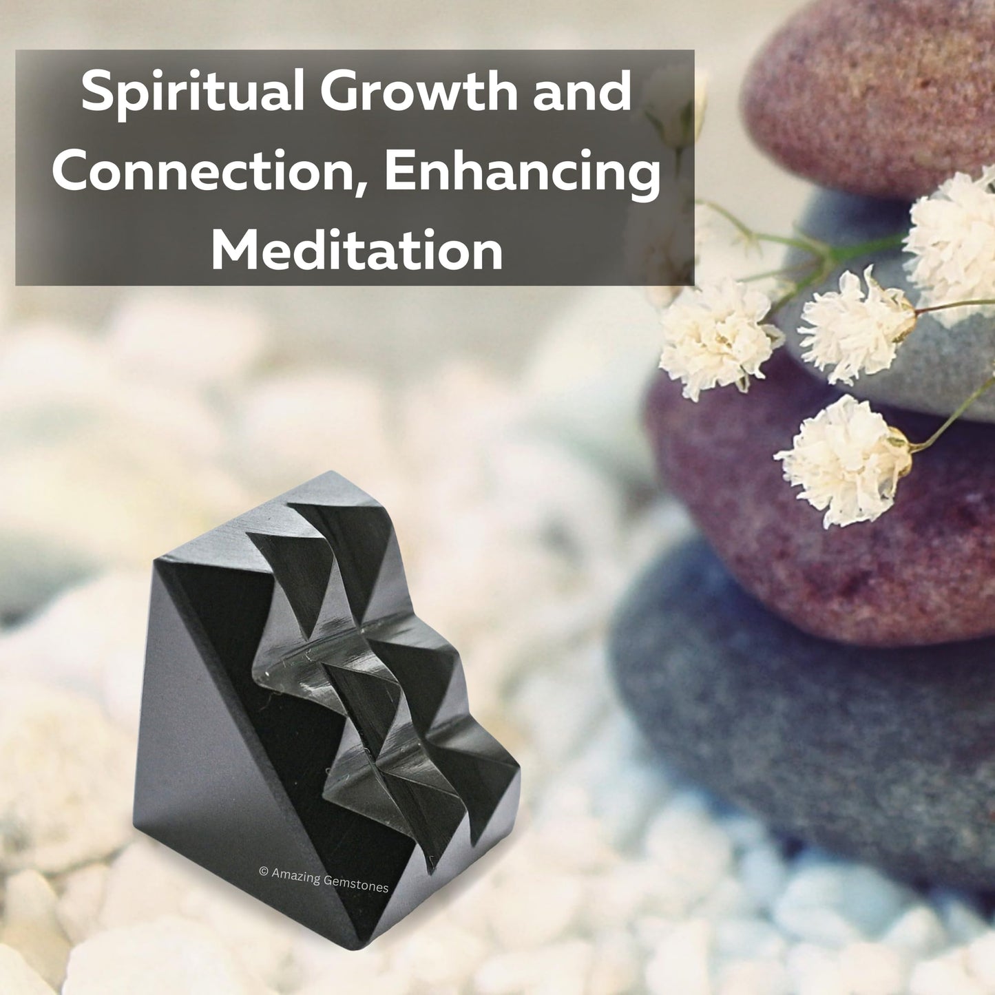 Amazing Gemstone Shungite Crystal Pyramid with 9 Pyramid Plate Bottom - 1" Mini Pyramid Figurine of Natural Stone Pyramid for Meditation, Reiki, Chakra Balancing Vastu Pooja and Crystal Grids