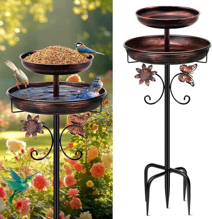 Daoeny Bird Bath for Outside, 42In Vintage Freestanding Birdbaths for Outdoors, Double Metal Bird Bath Feeder Bowls for Garden Patio Yard Lawn Decor, Upgraded 5-Pronged Base (Brown)