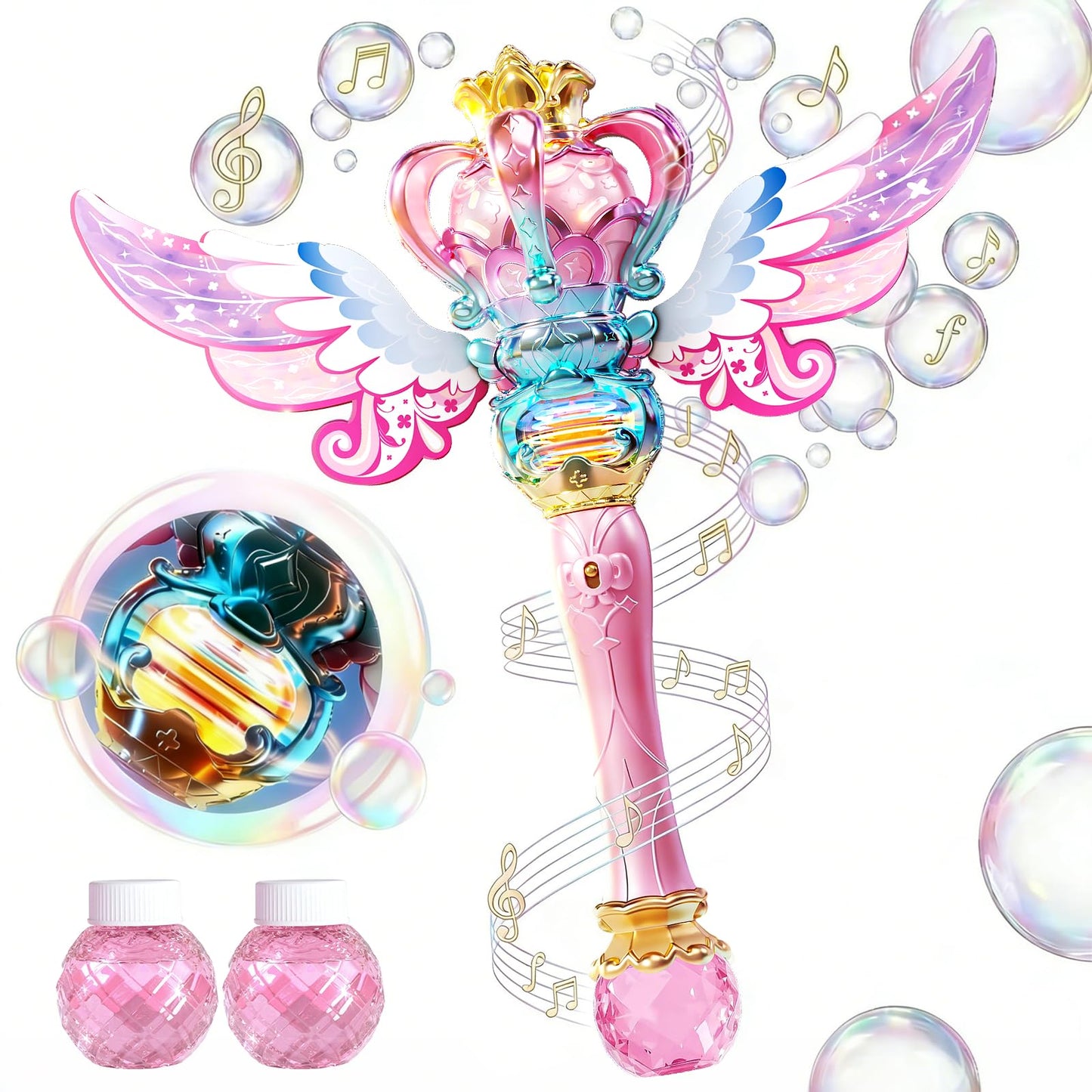 Uregoio Princess Bubble Wand for Girls - Rechargeable Spinning Light Up Magic Fairy Scepter Bubble Machine Toy with 12 Bubble Refills & Music, Easter Birthday Gift for Kids Toddlers Age 3-8 (Pink)