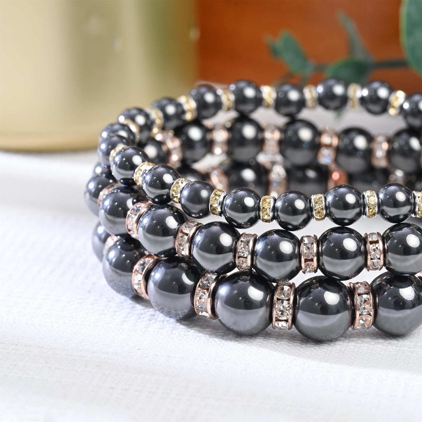 Apocalyptic-K Women's Magnetic Bracelet，Hematite Bracelets，Magnetic Bracelets With Zirconia,Handmade Stretch Bracelet，Eliminates static electricity. (Rose Gold Zirconia,6MM)