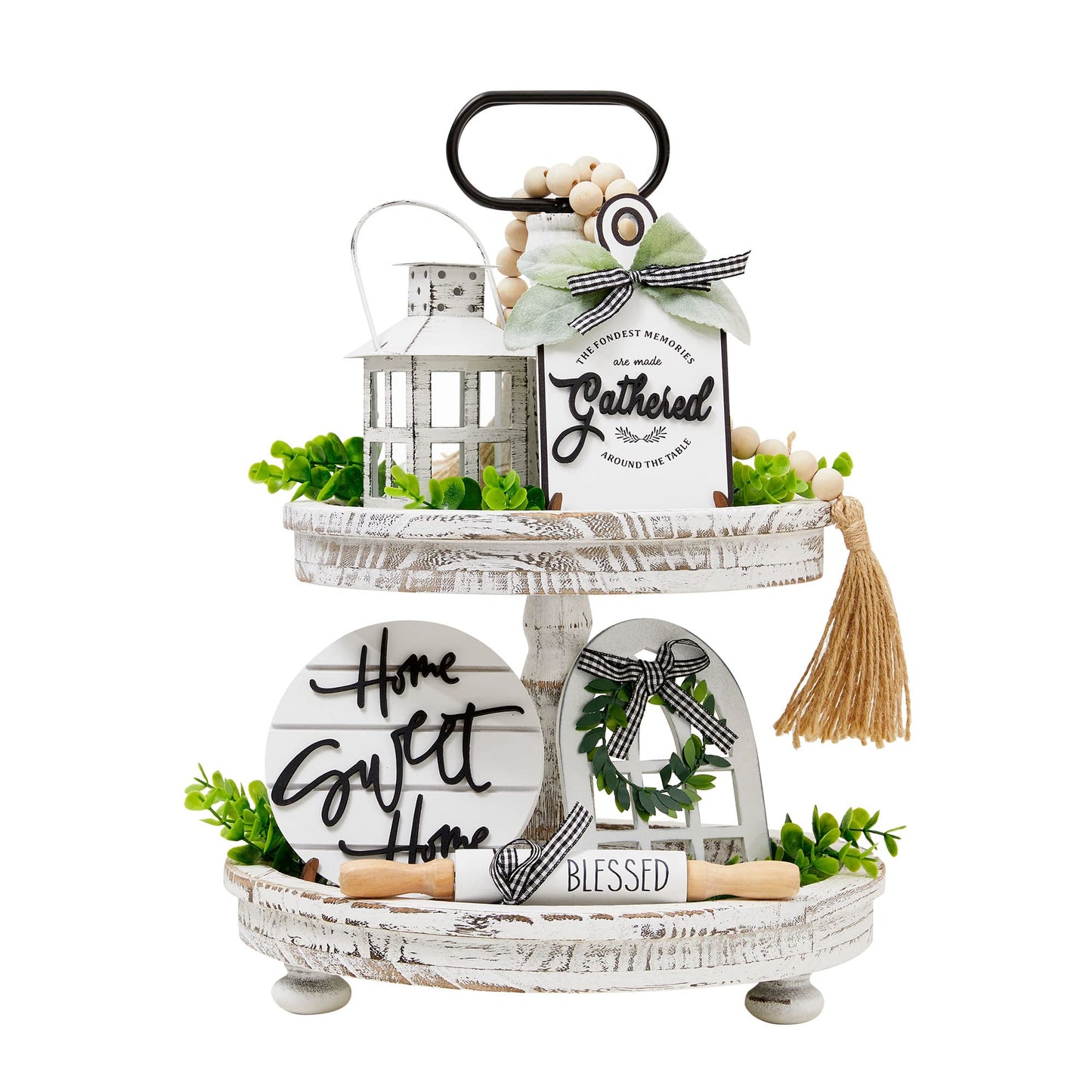Houmury Set of 17 Farmhouse Tiered Tray with 1 Lantern Artificial Plant& Cutting Board Sign for Rustic Home Sweet Home Kitchen Decor Tier Tray Decor Set