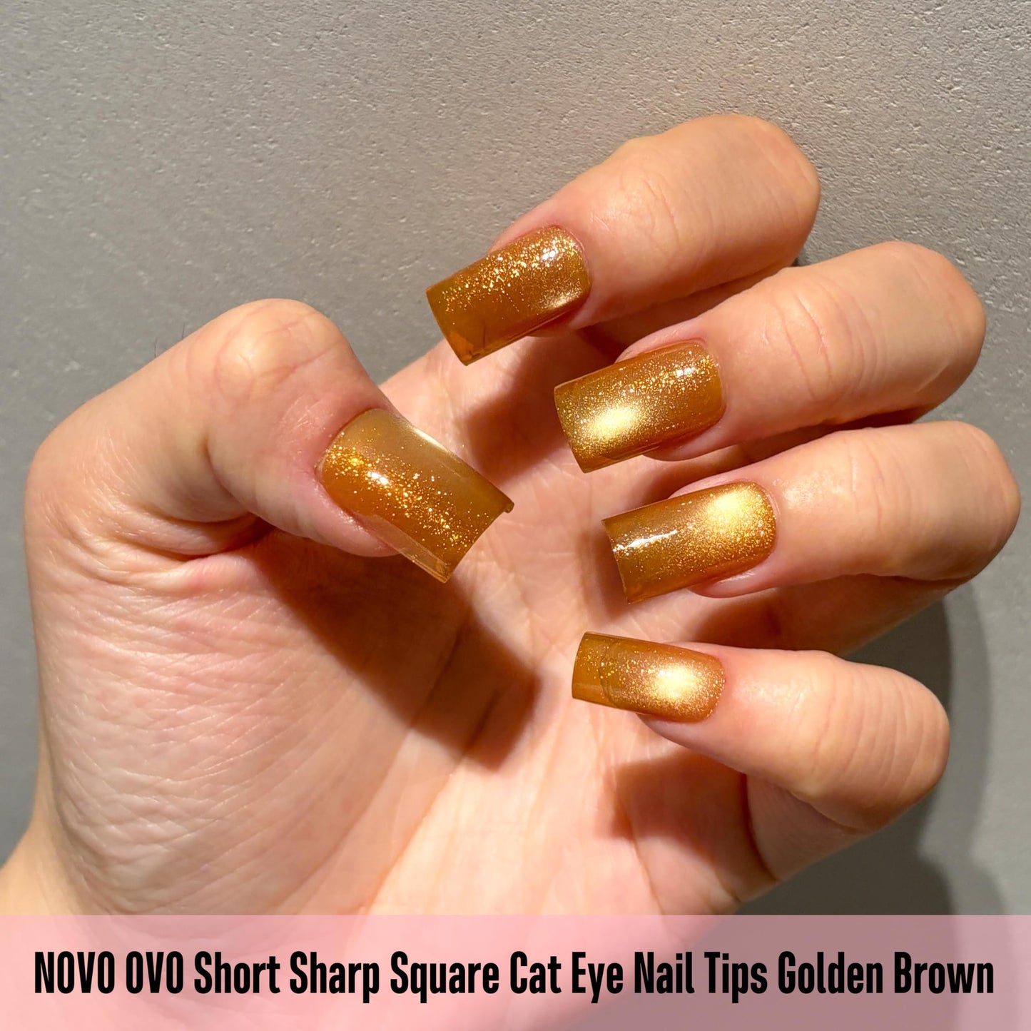 NOVO OVO Short Square Nail Tips 150Pcs Cat Eye, Golden Brown Sharp Square Gel X Nail Tips, Glossy Finished with Top Coat, Full Cover Fake Nails No C Curve for Home DIY Typing Scenario, 15 Sizes