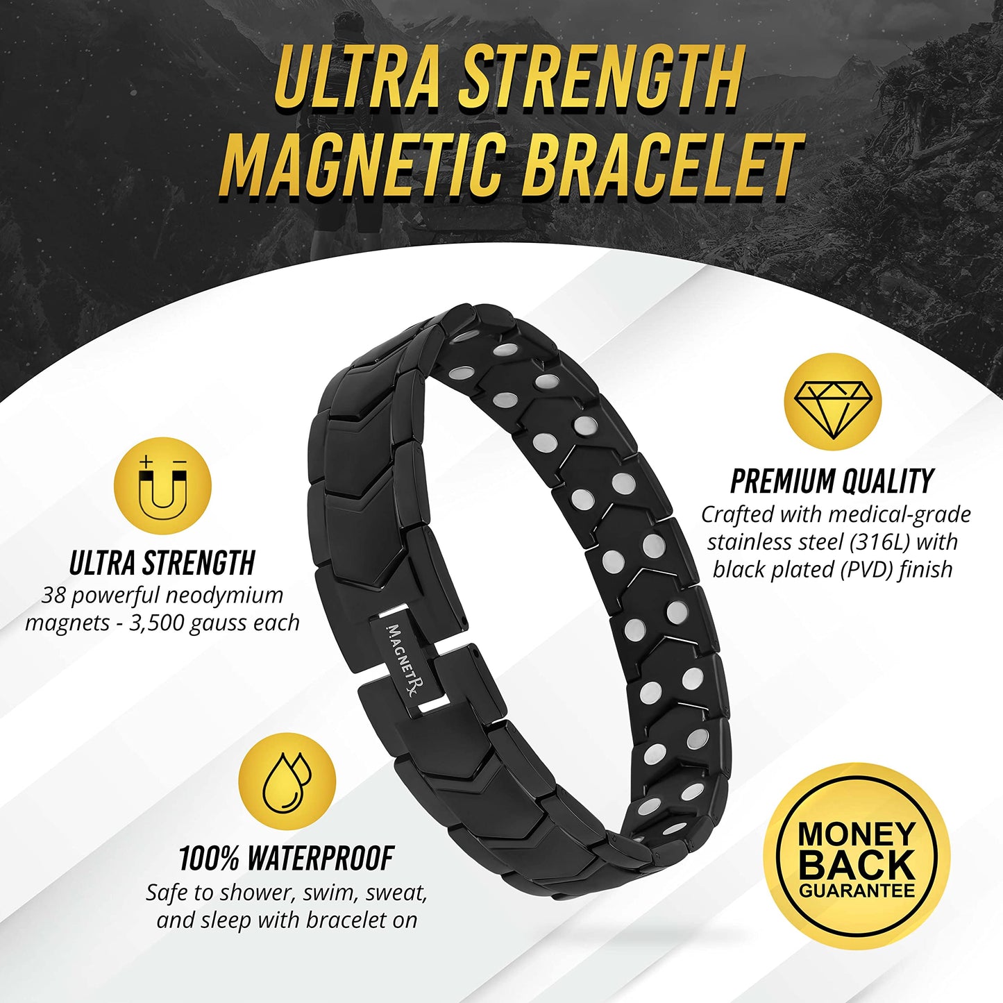 MagnetRX® Ultra Strength Magnetic Bracelet – Effective Stainless Steel Magnetic Bracelets for Men – Adjustable Length with Sizing Tool for Perfect Fit (Black)