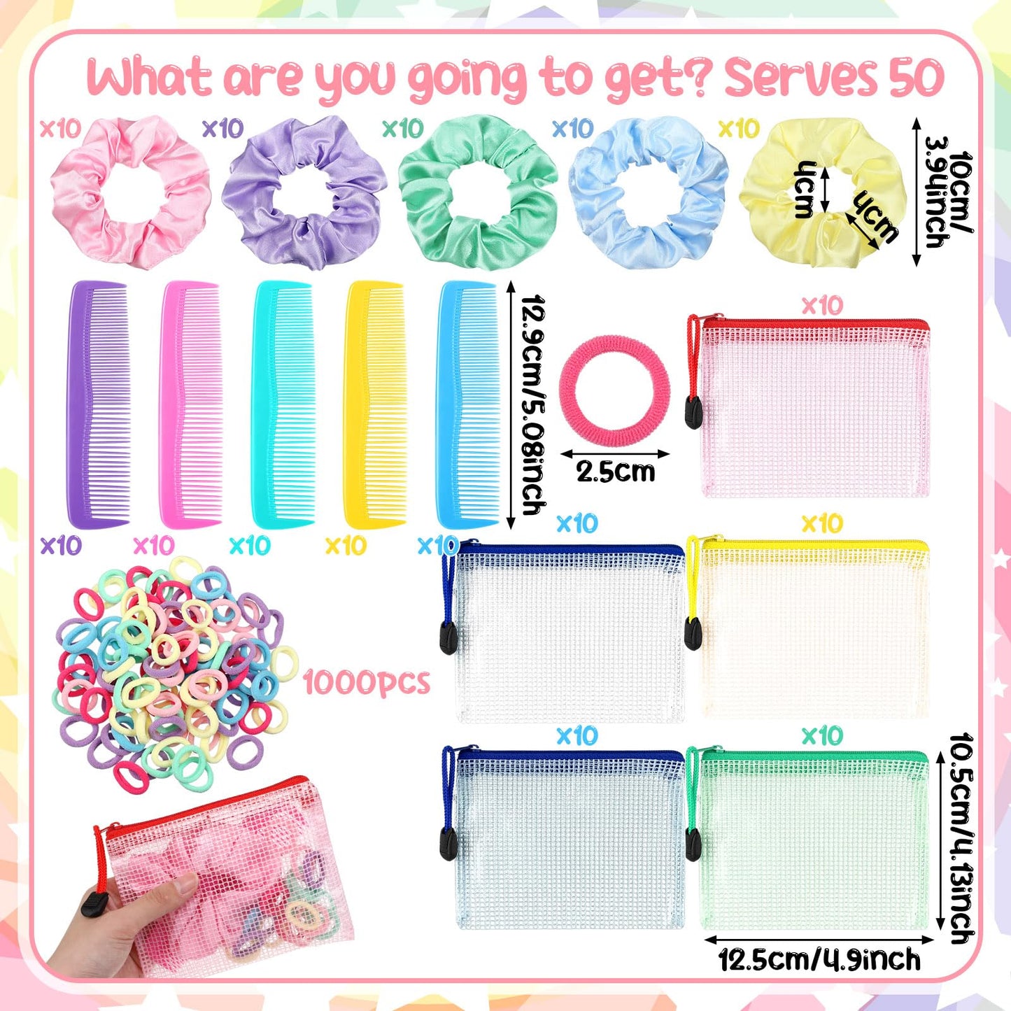 Suncalla 1150 Pcs 50 Set Operation Christmas Box Gifts Bulk Stain Scrunchies Mini Comb Small Hair String and Mesh Zipper Storage Bags Ideal for Operation Christmas Charity Box Volunteers Organizations