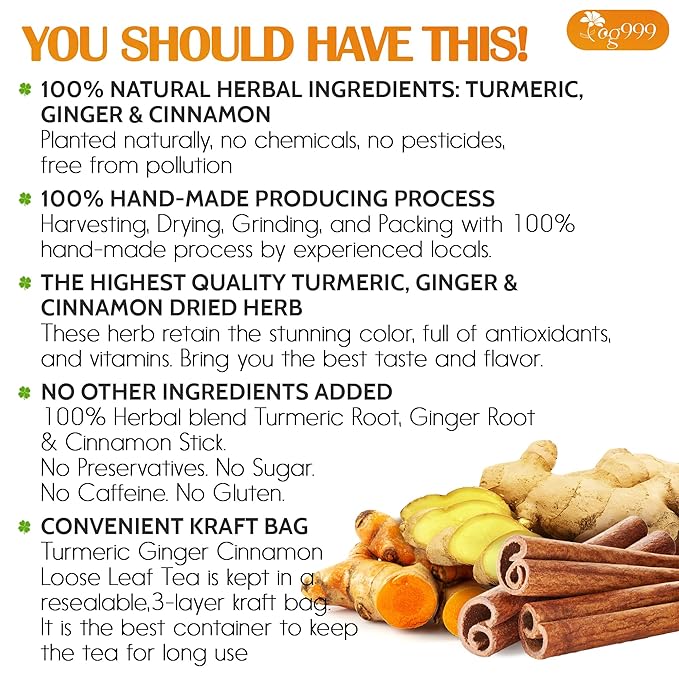 TOG999, Premium 12oz/200 cups Ginger Turmeric Cinnamon Loose Leaf Herbal Tea. Improve Digestion, Support Brain, Weight, Skin and Sleep. Premium Quality Spiced Blend. No Sugar, No Caffeine, No Gluten, Vegan.