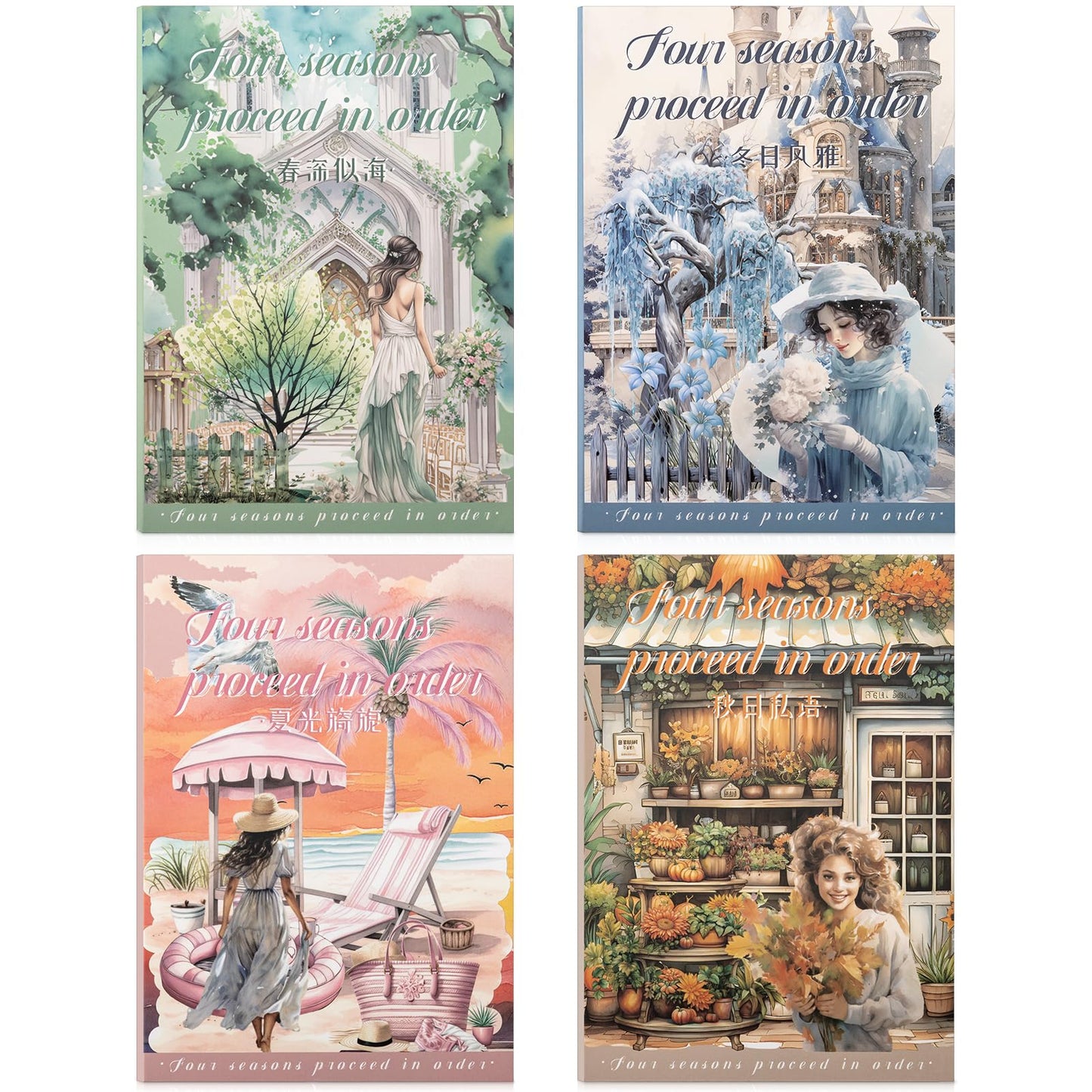 Uideyvi Four Seasons Style Stickers Scrapbooking Supplies for Junk Journal, Four Sticker Books, 80 Sheets PET Stickers