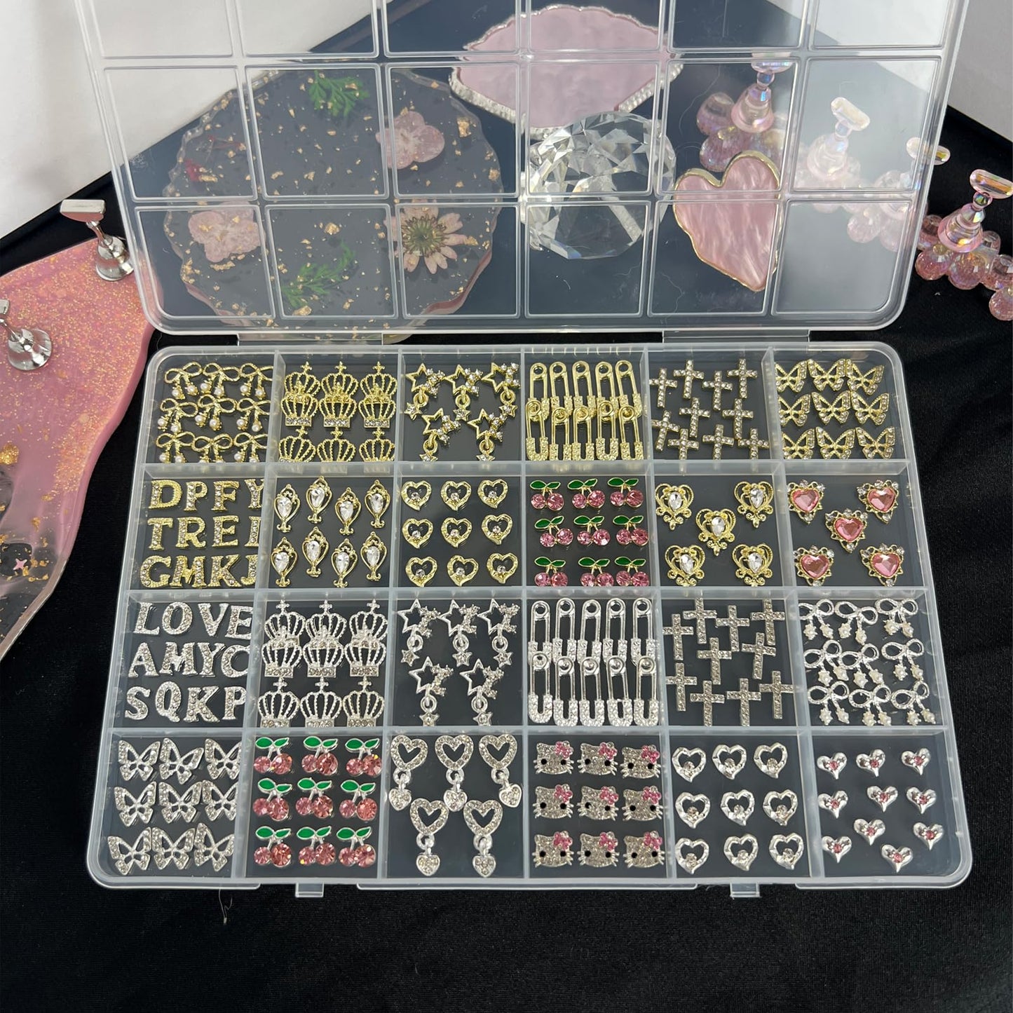 KINGNAME 252 PCS Silver & Gold Nail Charms Set with Letters, Hearts & Rhinestones – Y2K Bling Nail Art Decorations for DIY Manicure