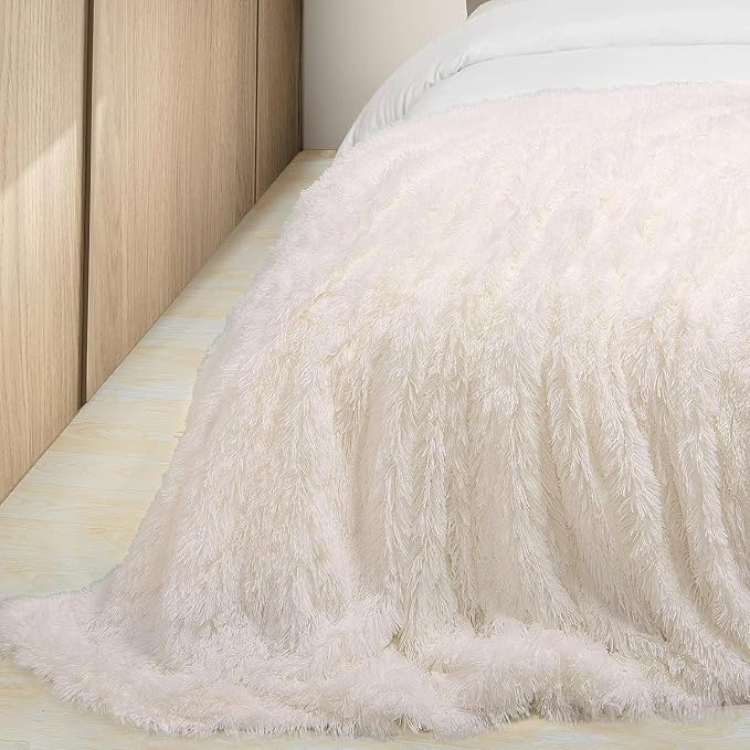 Tuddrom Decorative Extra Soft Faux Fur Blanket Queen Size 80"x90",Solid Reversible Fuzzy Fluffy Plush Fur Blanket for Couch Sofa Bed,Cream White