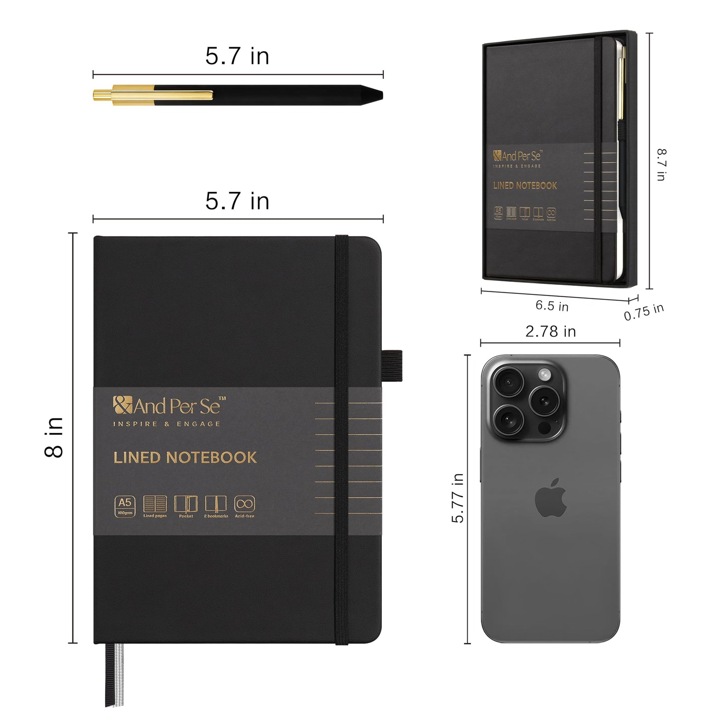 &And Per Se Lined Journal and Pen Set, A5 Leather Journal Stationery Set, 160 Pages 100GSM Thick Paper, Notebook Gift Set (Black)