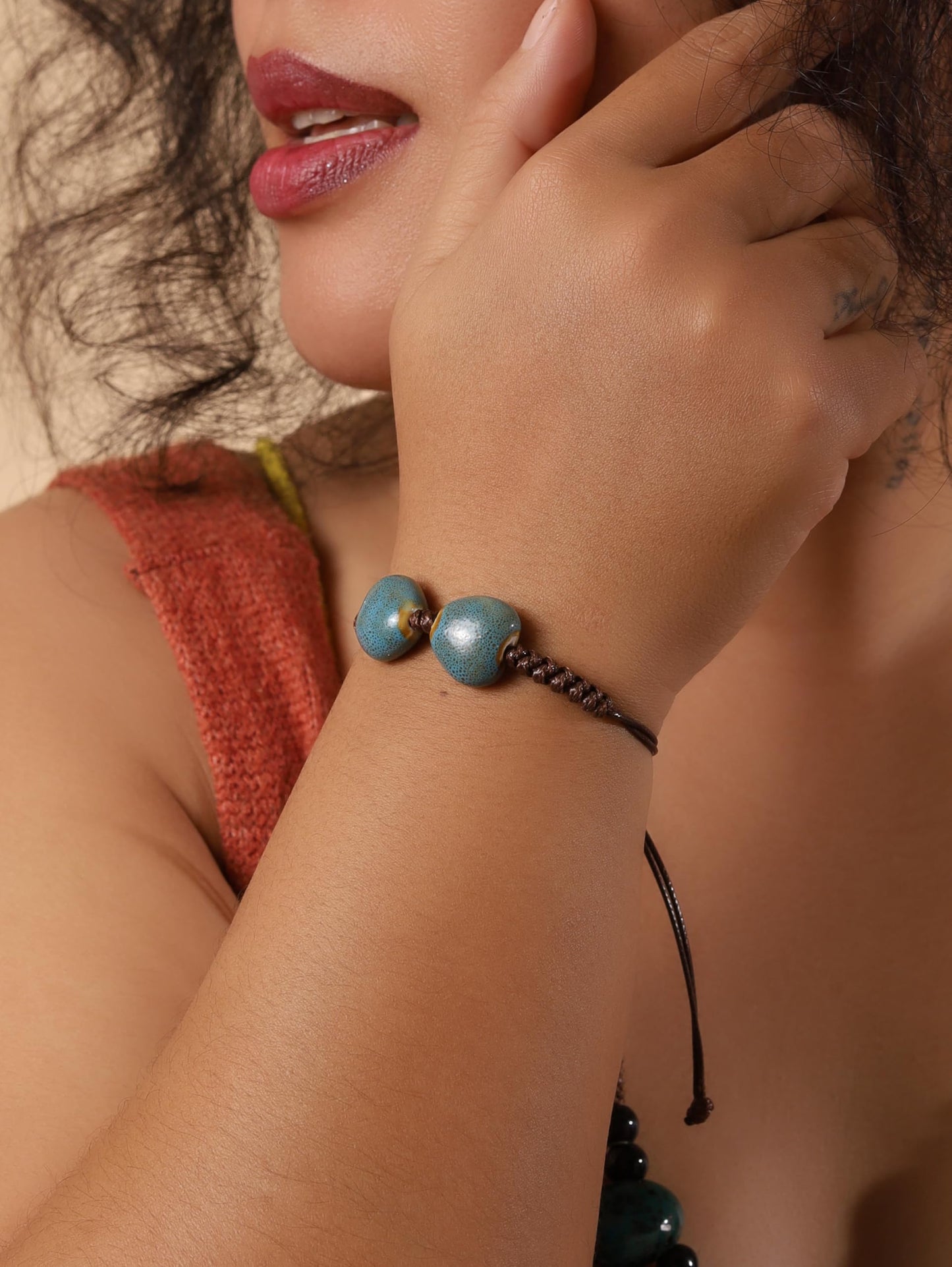 MINACHI Bohemian Blue Heart Shape Ceramic Bead Adjustable Leather Bracelet, Boho Hippie Summer Jewelry Gift for Women